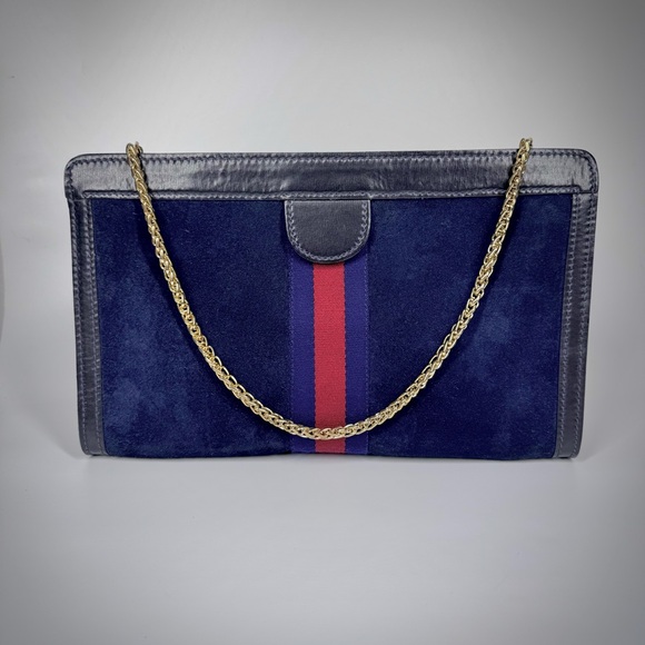 Gucci Vintage large Clutch crossbody bag Handbag Suede Leather navy blue - Picture 5 of 12
